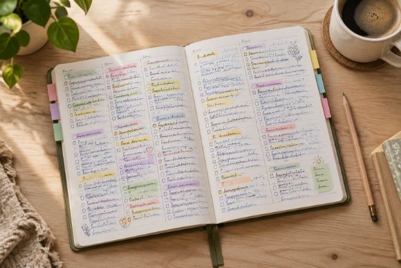How to use a weekly planner: an open planner filled with handwritten notes on a wooden desk
