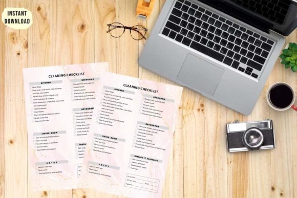 Minimalist pre-filled cleaning checklist organized by room and area