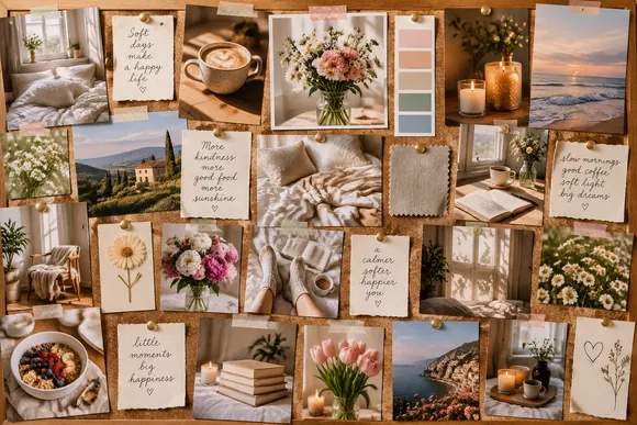 Aesthetic mood board collage with photos, fabric swatches, and dried flowers on a cork board