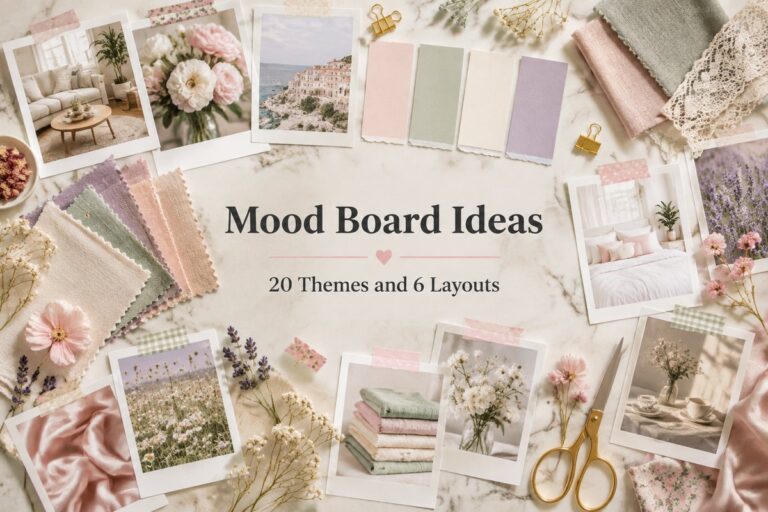 Pastel mood board photos, paint swatches and fabric samples on a cream marble desk