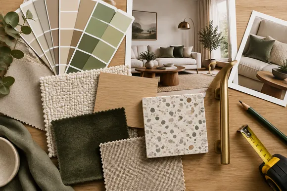 Interior mood board with paint swatches, fabric samples, and wood pieces on a table
