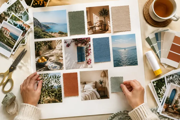 Hands arranging printed photos and fabric swatches on a mood board