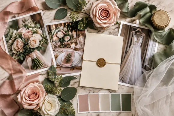 Wedding mood board with flowers, invitation card, ribbon, and color swatches