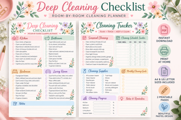 Pastel deep cleaning checklist with room-by-room tasks and a schedule