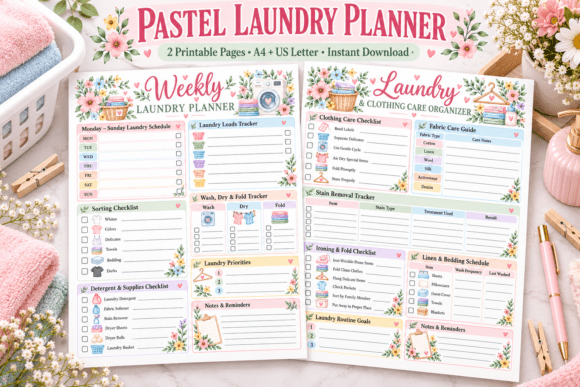 Pastel laundry planner with a weekly schedule and clothing-care pages