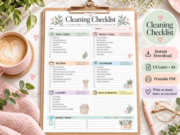 Pastel one-page cleaning checklist with daily, weekly, and supplies sections