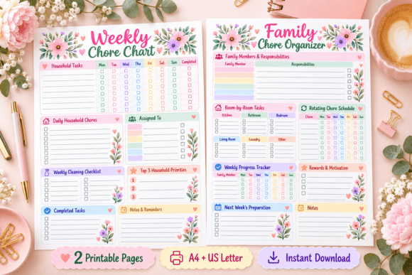 Pastel weekly chore chart with a family organizer page