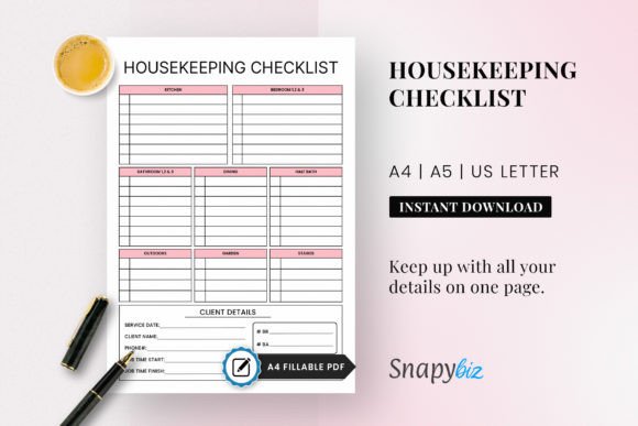 Pink Airbnb housekeeping checklist with room-by-room lists