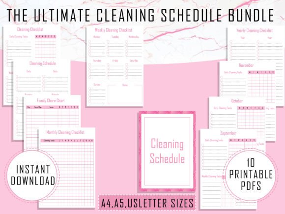 Room-by-room cleaning schedule planner with laundry and tracker pages