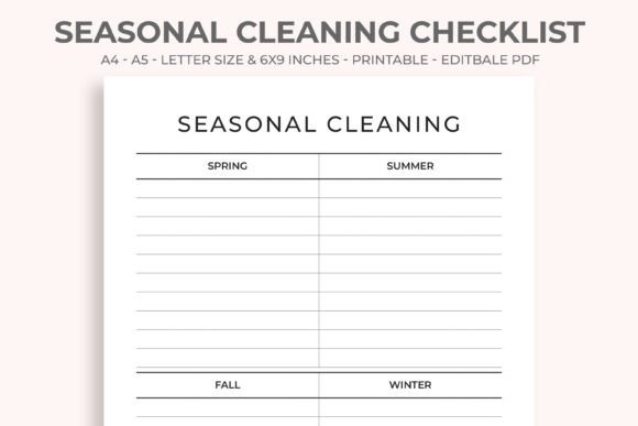 Seasonal cleaning checklist, editable and print-ready in several sizes