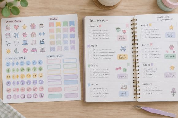 Sticker sheet sorted by type next to a planner page with stickers applied