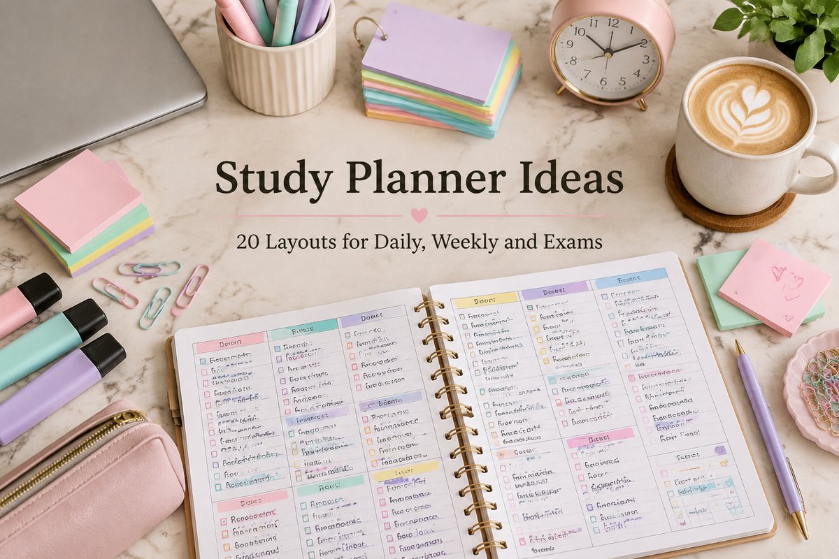 Study planner, flashcards and pastel highlighters on a cream marble desk