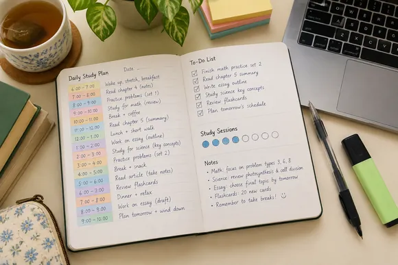 Daily study planner page with time blocks and a to-do list next to a laptop