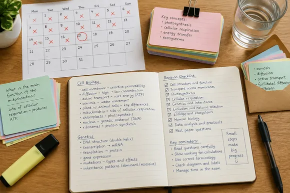 Exam revision notes with flashcards and a countdown calendar on a desk