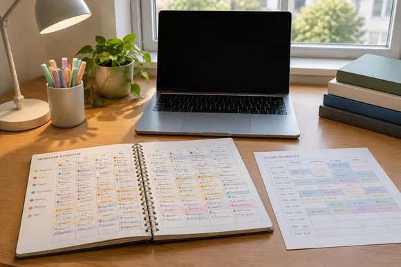 Student desk with an open study planner, a class schedule, and a laptop