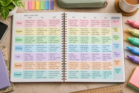 Weekly study planner spread with color-coded subjects and highlighters