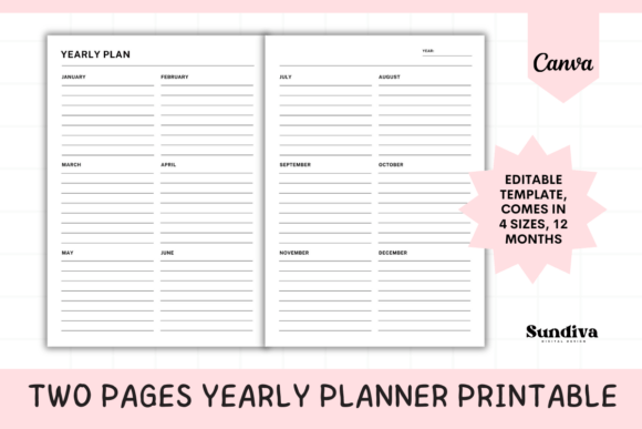 Two Page Yearly Planner Editable Canva
