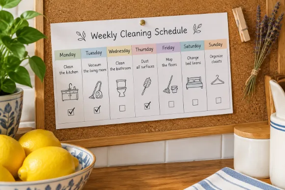 Weekly cleaning schedule pinned to a cork board in a kitchen