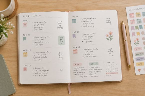 Weekly planner page with handwritten notes and small colorful stickers placed around them