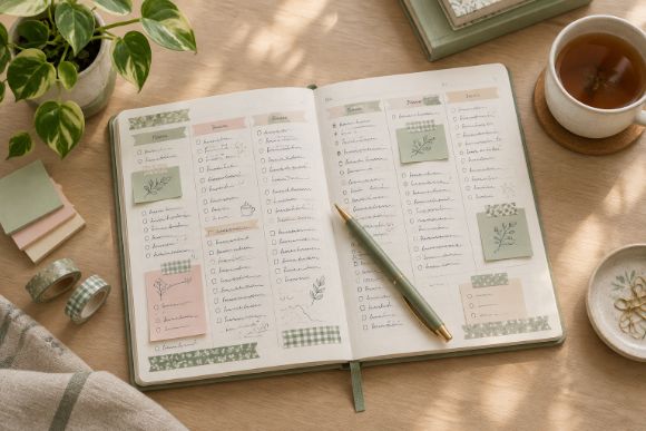 Weekly planner spread with sticky notes and handwritten plans, a simple way to plan your week