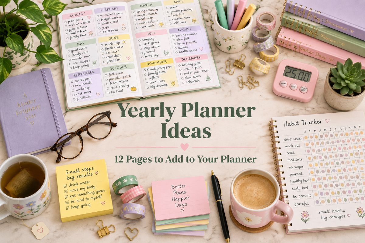 Yearly planner ideas: pastel flat lay with an open yearly planner, sticky notes, washi tape and highlighters on a desk