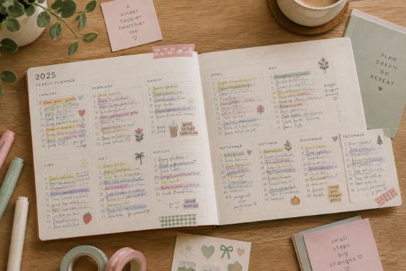 Yearly planner ideas: aesthetic pastel yearly planner pages with stickers
