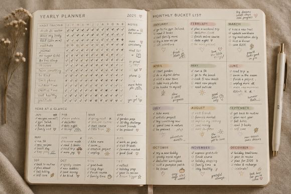 Yearly planner ideas: habit tracker and monthly bucket list pages filled in by hand