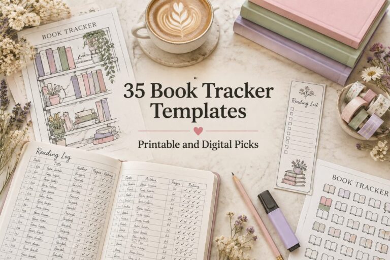 Printed book tracker pages with a colored bookshelf and a reading log on a cream marble surface