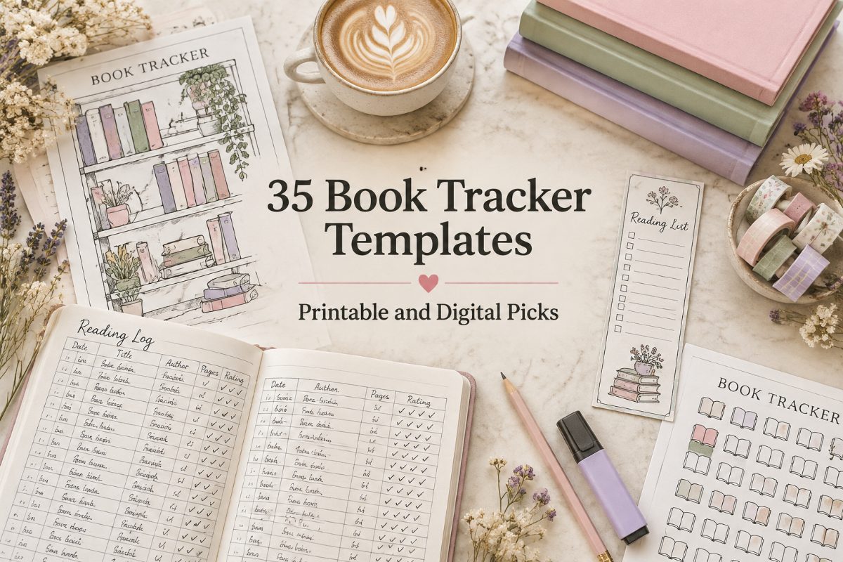 Printed book tracker pages with a colored bookshelf and a reading log on a cream marble surface