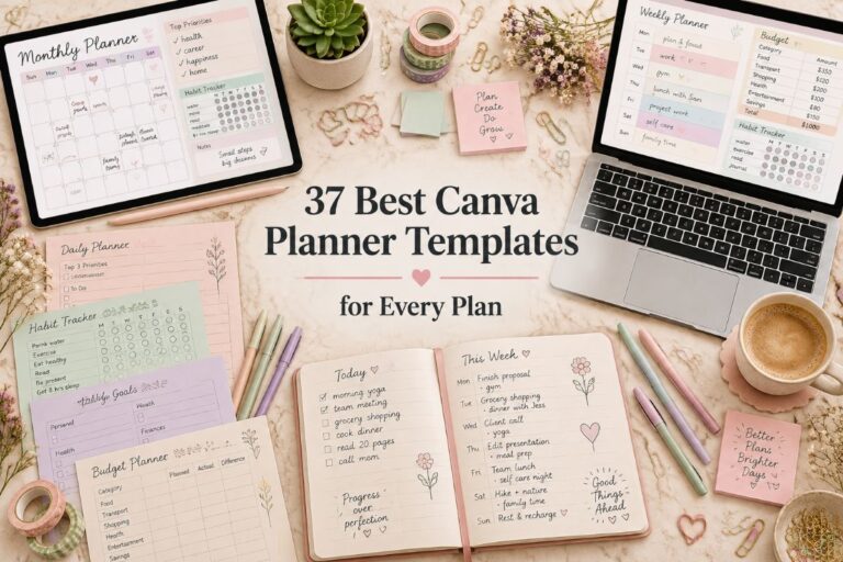 Flat lay of colorful Canva planner templates on a tablet, laptop, and printed pages with the title “37 Best Canva Planner Templates for Every Plan”