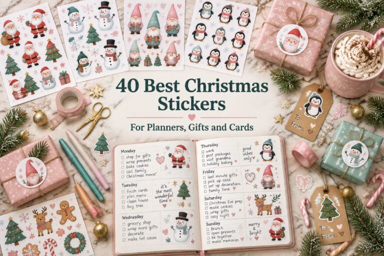 Flat lay with Christmas sticker sheets, a decorated planner, and small wrapped gifts with sticker labels