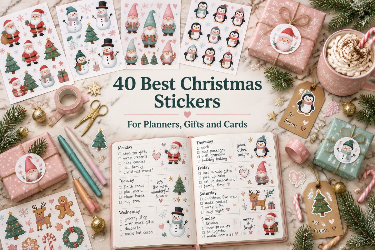 Flat lay with Christmas sticker sheets, a decorated planner, and small wrapped gifts with sticker labels
