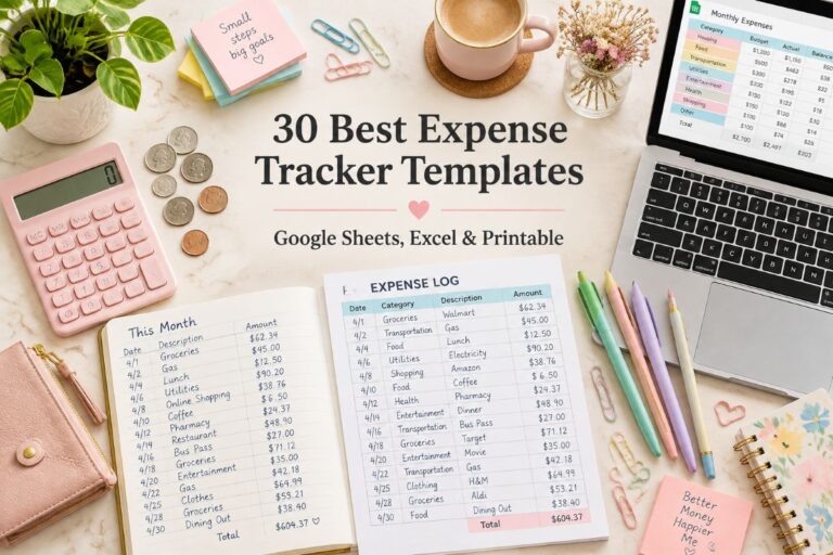 Flat lay of expense tracker templates with a notebook, calculator, and coins on a cream marble desk