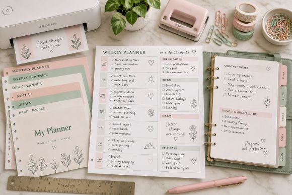 Printed Canva planner pages ready to be bound