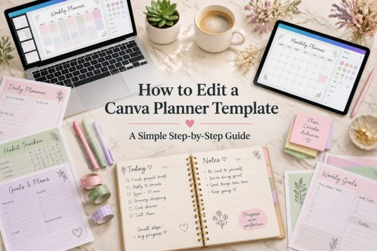 Flat lay with a laptop and tablet showing a planner template, with the title “How to Edit a Canva Planner Template”