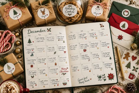 Wrapped gifts, envelopes, and a cookie jar decorated with homemade 