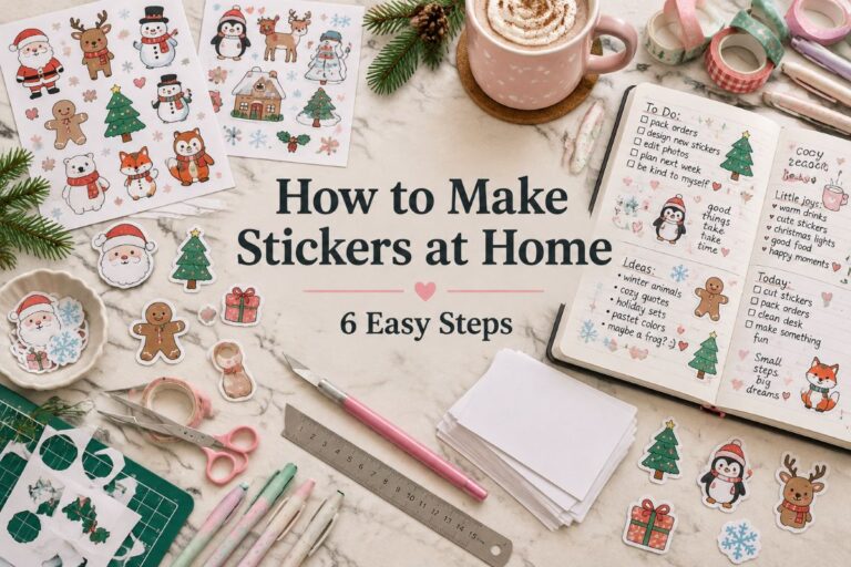 Flat lay with printed sticker sheets, scissors, sticker paper, and a decorated planner on a cream desk