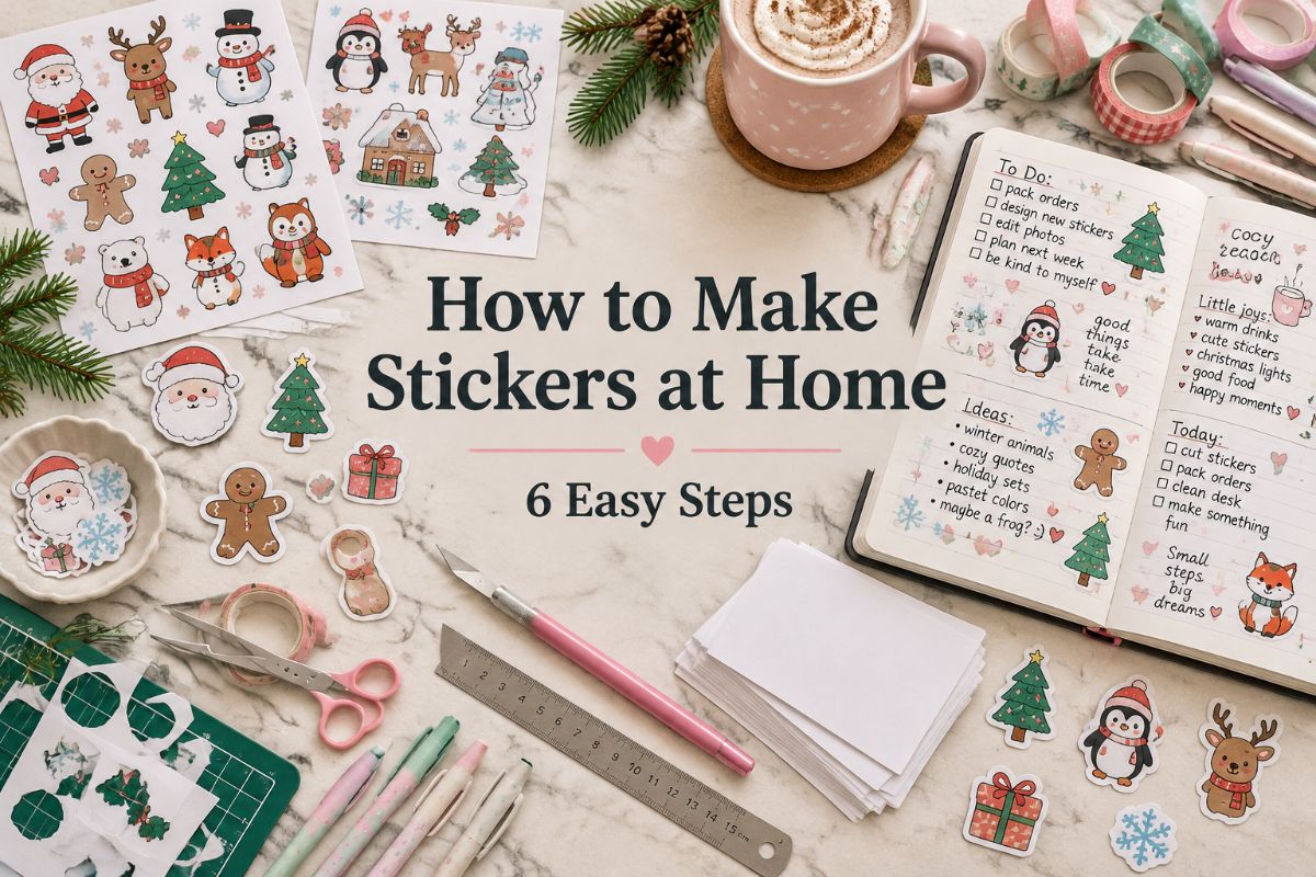Flat lay with printed sticker sheets, scissors, sticker paper, and a decorated planner on a cream desk
