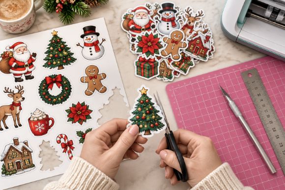 Hands cutting out printed Christmas stickers with small scissors