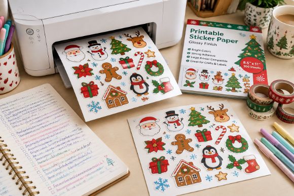 Home printer printing a sheet of Christmas stickers on sticker paper