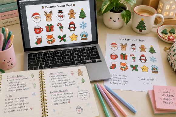 Laptop showing a sticker sheet layout next to a printed test page