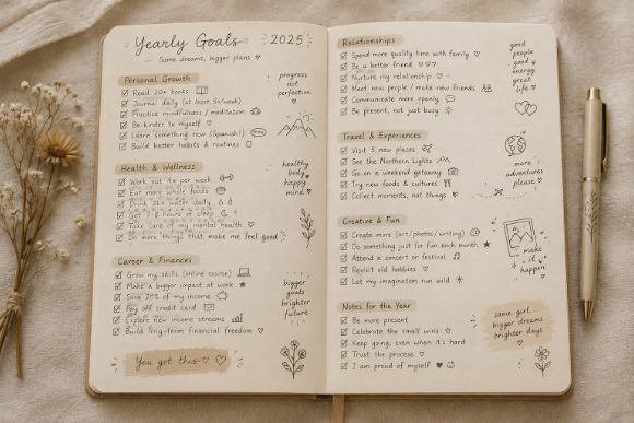 How to plan your year: yearly goals page filled in by hand