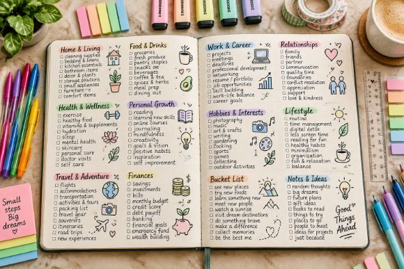 Notebook page with expense categories written in colorful pens