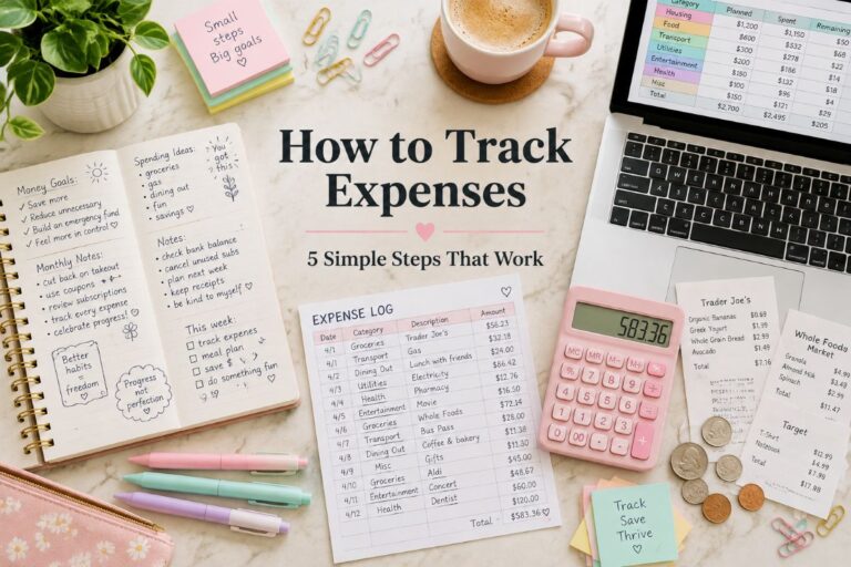 Flat lay with an open notebook, receipts, a calculator, and a laptop for tracking expenses