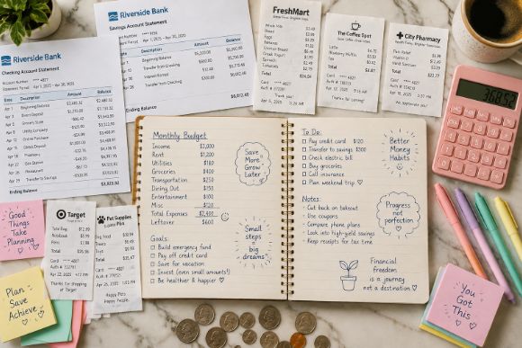 Bank statements and receipts spread out on a desk with a notebook for tracking expenses
