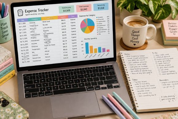 Simple expense tracker spreadsheet open on a laptop