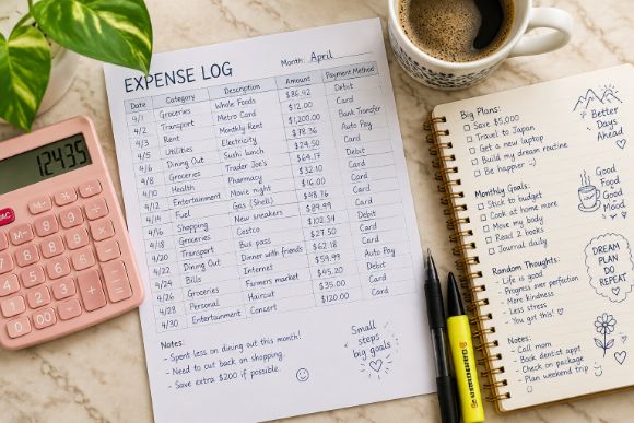 Weekly review of an expense log with a calculator and coffee on a desk