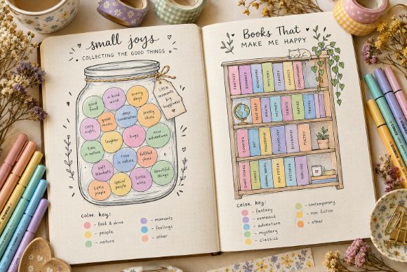 Bullet journal mood tracker ideas with a mood jar and a bookshelf layout
