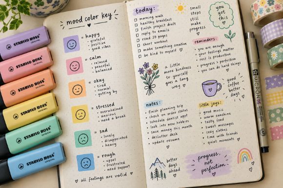 Hand-drawn mood color key with emoji faces and matching highlighters