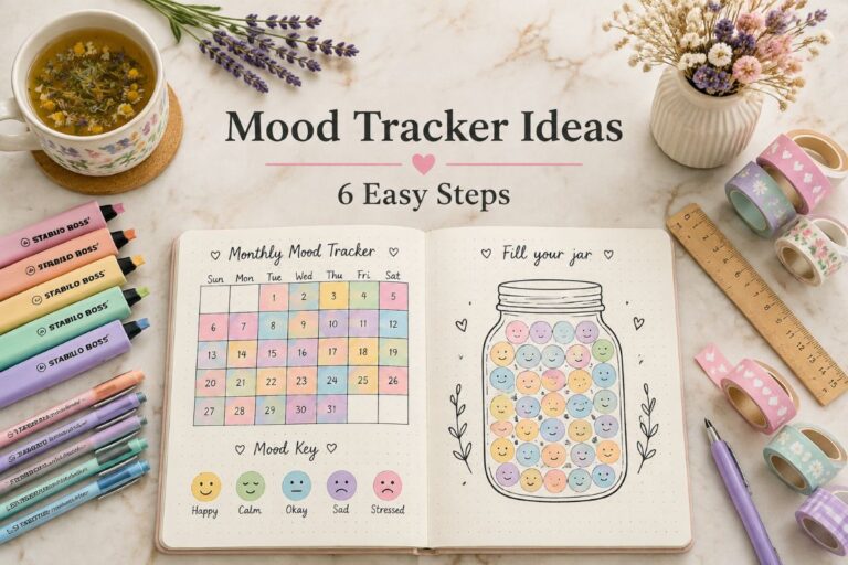 Bullet journal with a colored monthly mood tracker, a color key, and pastel pens on a cream desk